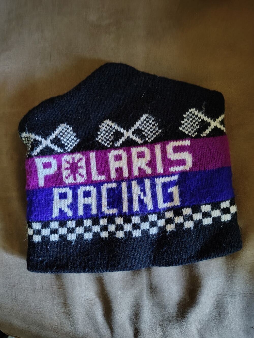Vintage Polaris Racing Knit Beanie Hat Purple Blue Snowmobile Made In USA